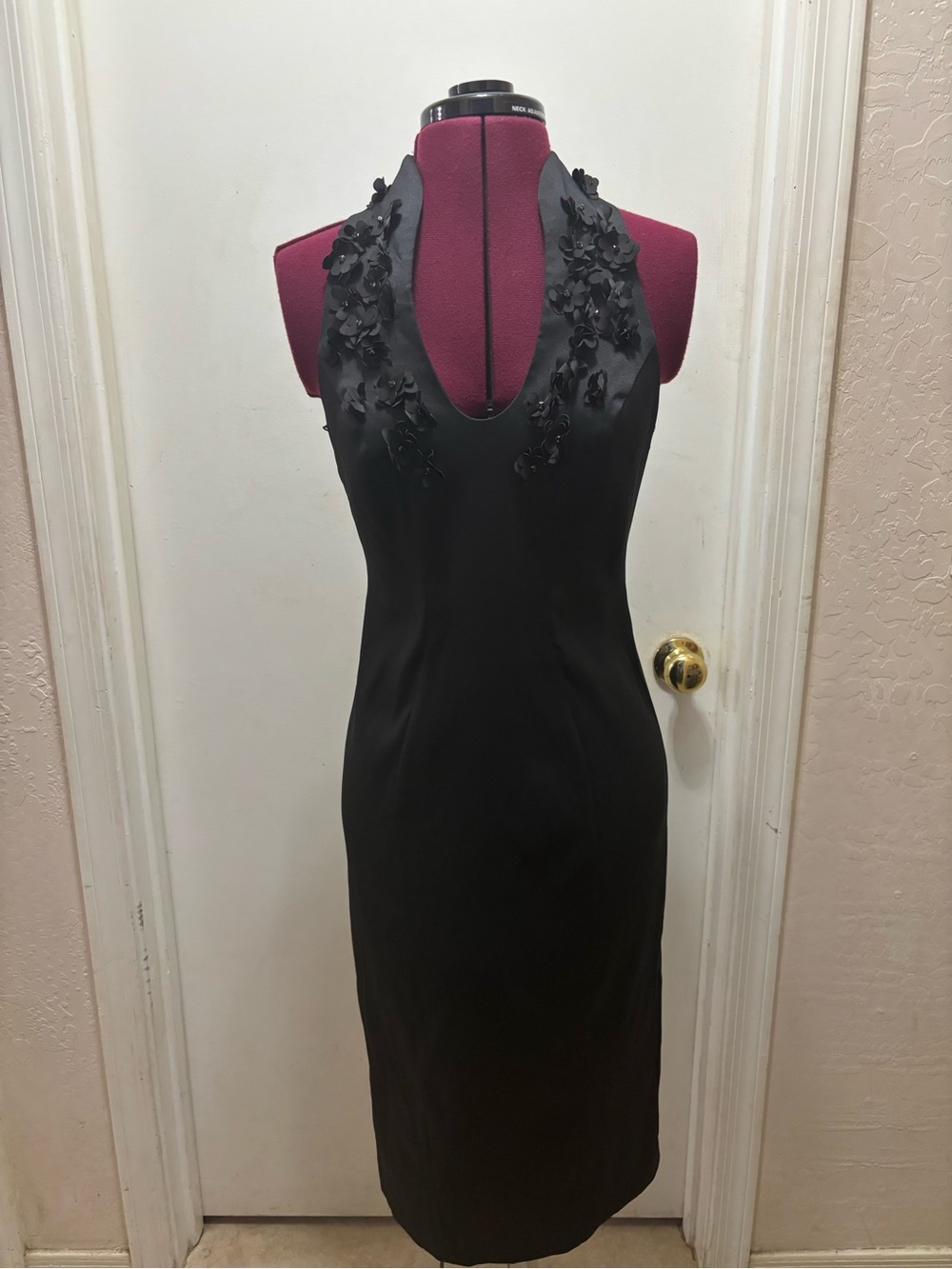 NWOT Aidan Maddox Black Halter Sheath Dress with 3D Floral Appliqué, Size 0
